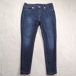 True Religion Crystal Horseshoe Skinny Jeans Dark Wash Pink Stitch 31